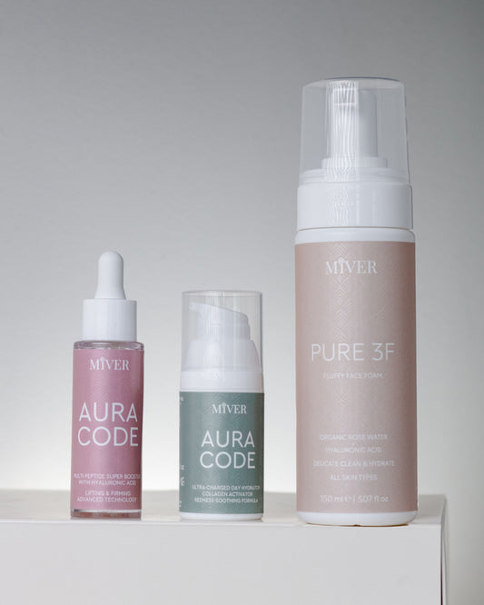 PURE 3F измивна пяна + AURA CODE пептиден бустер и дневен хидратант